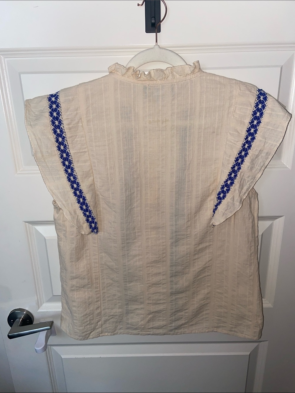 Cider Cotton Stand Collar Crochet Contrasting Binding Short Sleeve Blouse - Picture 12 of 12